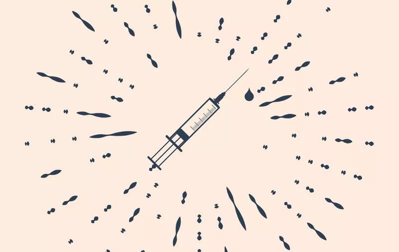 Black Medical syringe with needle and drop icon isolated on beige background. Syringe sign for vaccine, vaccination, injection, flu shot. Abstract circle random dots. Vector Illustration