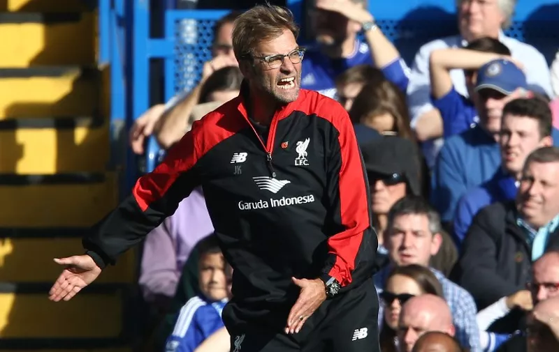 Liverpool's German manager Jurgen Klopp gestures during the English Premier League football match between Chelsea and Liverpool at Stamford Bridge in London on October 31, 2015. AFP PHOTO / JUSTIN TALLIS

RESTRICTED TO EDITORIAL USE. No use with unauthorized audio, video, data, fixture lists, club/league logos or 'live' services. Online in-match use limited to 75 images, no video emulation. No use in betting, games or single club/league/player publications.