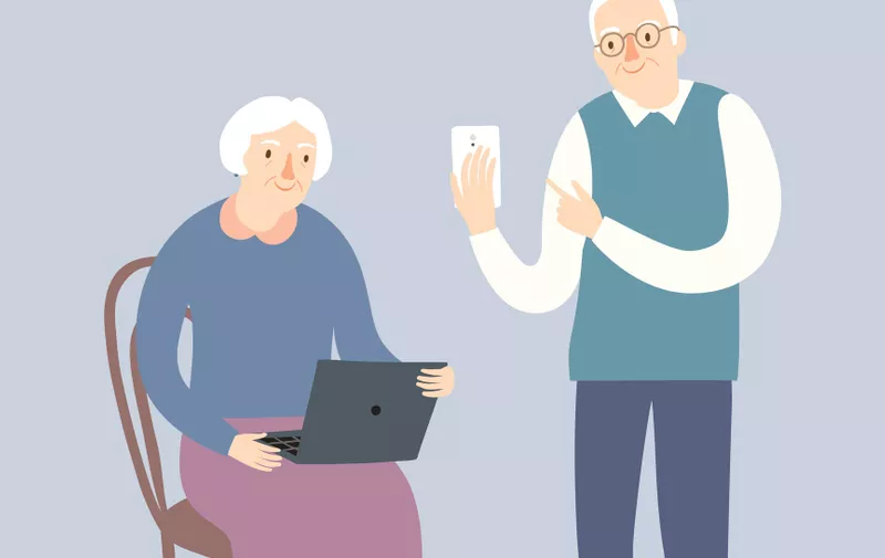 Lovely cartoon grandparents using internet on gadgets and computers. Vector illustration for your design.