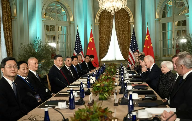 US President Joe Biden meets with Chinese President Xi Jinping during the Asia-Pacific Economic Cooperation (APEC) Leaders' week in Woodside, California on November 15, 2023. Biden and Xi will try to prevent the superpowers' rivalry spilling into conflict when they meet for the first time in a year at a high-stakes summit in San Francisco on Wednesday. With tensions soaring over issues including Taiwan, sanctions and trade, the leaders of the world's largest economies are expected to hold at least three hours of talks at the Filoli country estate on the city's outskirts. (Photo by Brendan Smialowski / AFP)
