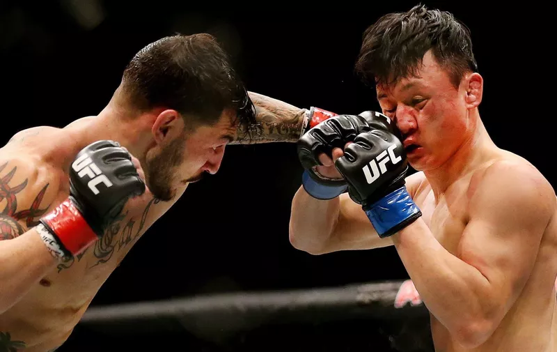 Featherweight Cub Swanson (left)connects with a punch to the face of Doo Ho Choi during the UFC 206 fight night held at the Air Canada Centre in Toronto, Ont., on Saturday, December 10, 2016., Image: 308101838, License: Rights-managed, Restrictions: World rights excluding North America, Model Release: no, Credit line: Profimedia, Press Association