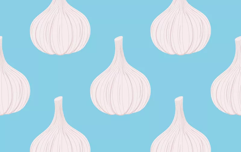 Garlic seamless pattern. Organic vegetarian vegetable. Made in cartoon flat style. Vector illustration