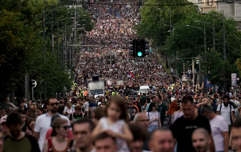 Thousands of protesters take part in a rally to call for the resignation of top officials and curtailing violence in the media, in Belgrade on July 1, 2023. (Photo by OLIVER BUNIC / AFP)