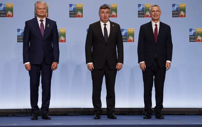 Lithuania's President Gitanas Nauseda (L), Croatia's President Zoran Milanovic (C) and NATO Secretary General Jens Stoltenberg pose during the NATO summit, in Vilnius on July 11, 2023. NATO leaders will grapple with Ukraine's membership ambitions at their summit on July 11, 2023, their determination to face down Russia boosted by a breakthrough in Sweden's bid to join the alliance. (Photo by Ludovic MARIN / POOL / AFP) / SOLELY FOR SIPA