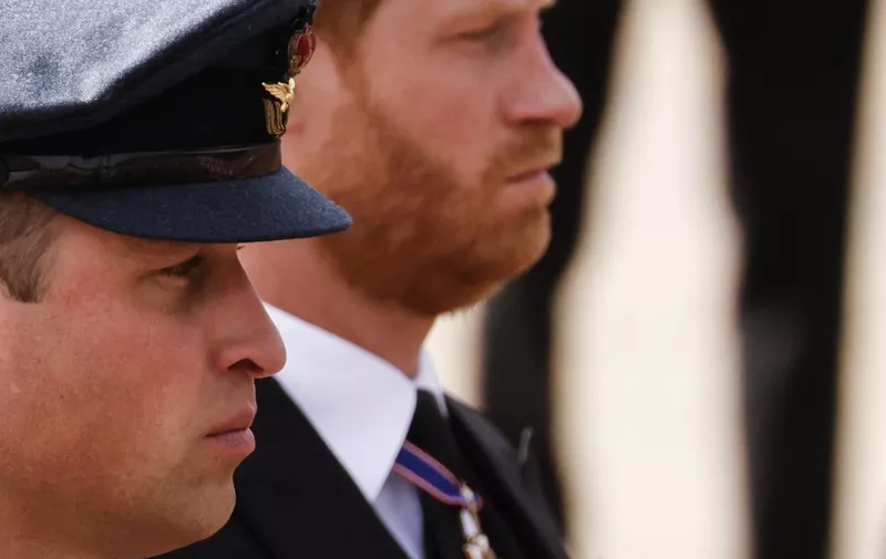 Britain's Prince William, Prince of Wales (L) and Britain's Prince Harry, Duke of Sussex follow the coffin of Queen Elizabeth II, draped in the Royal Standard, on the State Gun Carriage of the Royal Navy, as it travels from Westminster Abbey to Wellington Arch in London on September 19, 2022, after the State Funeral Service of Britain's Queen Elizabeth II. (Photo by Odd ANDERSEN / POOL / AFP)