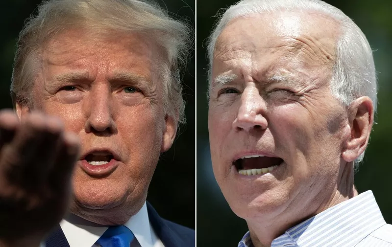 (COMBO) This combination of pictures created on June 11, 2019 shows US President Donald Trump(L) as he departs the White House, in Washington, DC, on June 2, 2019, and former US vice president Joe Biden during the kick off his presidential election campaign in Philadelphia, Pennsylvania, on May 18, 2019. Donald Trump and his leading Democratic challenger Joe Biden were to deliver dueling speeches on June 11, 2019 across the important 2020 battleground state of Iowa in a foretaste of what promises to be a bad tempered and volatile presidential election. Biden, 76, called his presence in the midwestern state on the same day as Trump, 72, a coincidence. But his speech will aim at the core of the Republican president's narrative, branding Trump "an existential threat to America." (Photo by Jim WATSON and Dominick Reuter / AFP)
