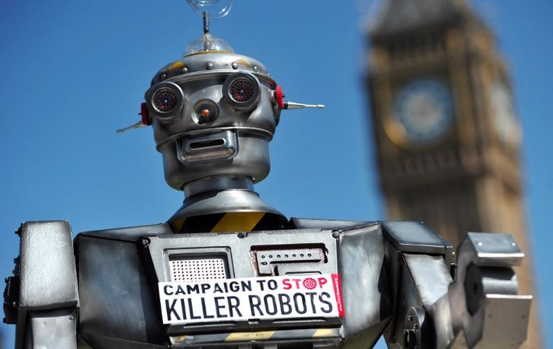 A mock "killer robot" is pictured in central London on April 23, 2013 during the launching of the Campaign to Stop "Killer Robots," which calls for the ban of lethal robot weapons that would be able to select and attack targets without any human intervention. The Campaign to Stop Killer Robots calls for a pre-emptive and comprehensive ban on the development, production, and use of fully autonomous weapons. AFP PHOTO/CARL COURT / AFP PHOTO / CARL COURT