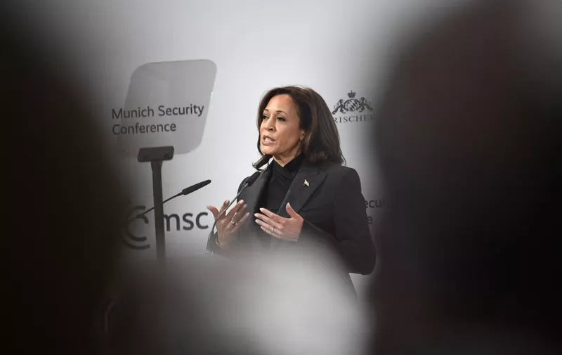 US Vice President Kamala Harris addresses participants at the Munich Security Conference (MSC) in Munich, southern Germany, on February 18, 2023. - The Munich Security Conference running from February 17 to 19, 2023 brings world leaders together ahead of the first anniversary of Russia's invasion of Ukraine as Kyiv steps up pleas for more weapons. (Photo by Thomas KIENZLE / AFP)