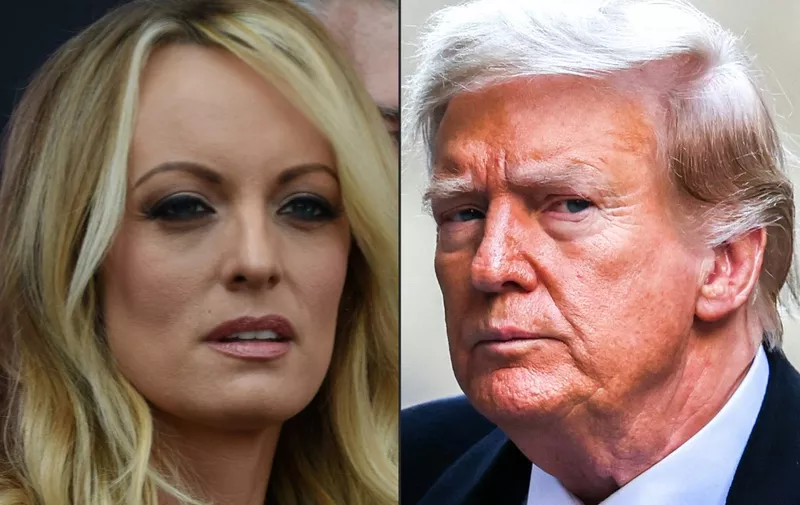 (COMBO) This combination of pictures created on April 12, 2024 shows
adult film star Stormy Daniels in Hollywood, California and former US President Donald Trump in New York City on March 25, 2024.. Donald Trump goes on trial on April 15, 2024 for allegedly covering up hush money payments to hide affairs ahead of the 2016 presidential election which propelled him into the White House. (Photo by Robyn Beck and Charly TRIBALLEAU / AFP)