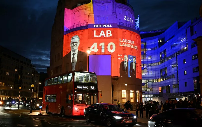 An exit poll predicting that the Labour Party led by Keir Starmer will win 410 seats in Britain's general election is projected onto BBC Broadcasting House in London on July 4, 2024. Britain's main opposition Labour party looks set for a landslide election win, exit polls indicated, ending 14 years of right-wing Conservative rule marked by financial austerity, Brexit division and scandal. (Photo by Oli SCARFF / AFP)