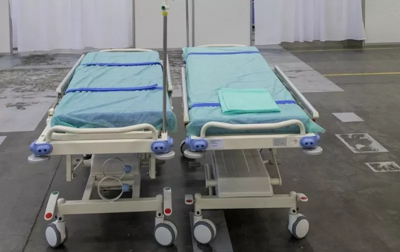 Illustration picture shows two empty hospital beds during a visit to the Medevac Hub medical transit center in Jasionka, near the Rzeszow-Jasionka Airport, in Poland, after a visit of the Flemish Minister-President to Ukraine, Tuesday 24 January 2023. The Flemish government provides support to Ukraine through the Flemish Red Cross. BELGA PHOTO NICOLAS MAETERLINCK (Photo by NICOLAS MAETERLINCK / BELGA MAG / Belga via AFP)