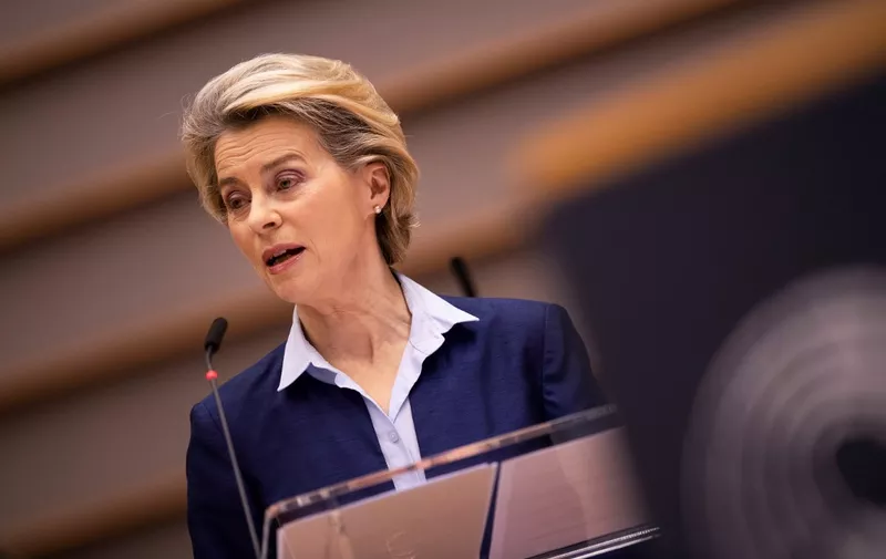 President of Commission Ursula von der Leyen delivers a speech at European Parliament, in Brussels, on December 16, 2020. (Photo by JOHN THYS / POOL / AFP)