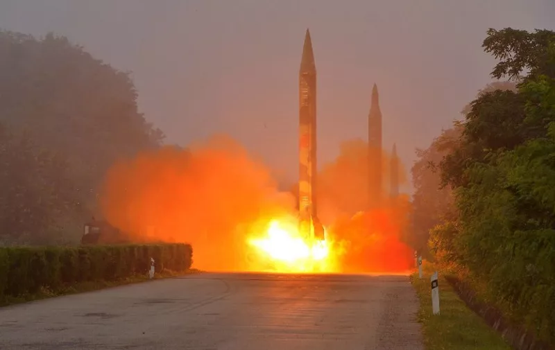 This undated photo released by North Korea's official Korean Central News Agency (KCNA) on July 21, 2016 shows a missile fired during a drill by Hwasong artillery units of the Strategic Force of the Korean People's Army.
North Korea said on July 20 its latest ballistic missile tests trialled detonation devices for possible nuclear strikes on US targets in South Korea and were personally monitored by supreme leader Kim Jong-Un. / AFP PHOTO / KCNA VIA KNS / KCNA