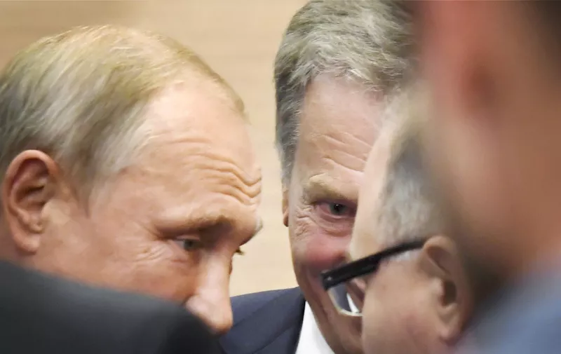 President of the Russian Federation Vladimir Putin (left) and President of Finland Sauli Niinistö (middle) talking together at the press conference.
President of Finland Sauli Niinisto visit to Sochi, Russia - 22 Aug 2018,Image: 383665047, License: Rights-managed, Restrictions: , Model Release: no