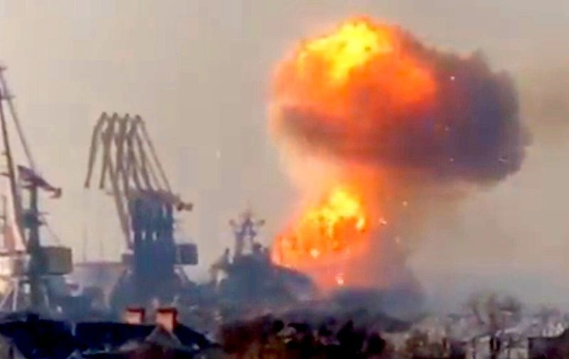 Huge explosion of the Alligator-class landing ship Orsk of the Russian Navy's Black Sea Fleet as the Russian ship is destroyed on Thursday March 24, 2022 in the Russian-occupied port of Berdiansk near the besieged city of Mariupol, according to the Ukrainian Navy. Three days ago, Russian Army TV reported that the Orsk Alligator-class landing ship berthed in Berdyansk to unload up to 20 tanks or up to 40 BTRs, beginning the use of the port as a logistical hub for Russian operations in southern Ukraine. (Ukraine Navy handout via EYEPRESS)
War in Ukraine - 24 Mar 2022,Image: 672866249, License: Rights-managed, Restrictions: ***
HANDOUT image or SOCIAL MEDIA IMAGE or FILMSTILL for EDITORIAL USE ONLY! * Please note: Fees charged by Profimedia are for the Profimedia's services only, and do not, nor are they intended to, convey to the user any ownership of Copyright or License in the material. Profimedia does not claim any ownership including but not limited to Copyright or License in the attached material. By publishing this material you (the user) expressly agree to indemnify and to hold Profimedia and its directors, shareholders and employees harmless from any loss, claims, damages, demands, expenses (including legal fees), or any causes of action or allegation against Profimedia arising out of or connected in any way with publication of the material. Profimedia does not claim any copyright or license in the attached materials. Any downloading fees charged by Profimedia are for Profimedia's services only. * Handling Fee Only 
***, Model Release: no, Credit line: Profimedia