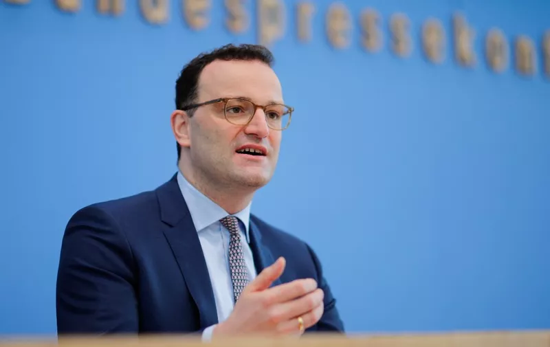 German Health Minister Jens Spahn speaks during a press conference on the situation of the coronavirus (Covid-19) pandemic in Germany, in Berlin on March 26, 2021. (Photo by HANNIBAL HANSCHKE / POOL / AFP)