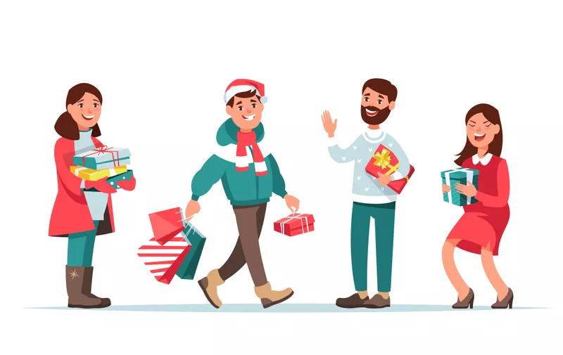 Vector illustration christmas people winter clothing with gift box cartoon style. Happy men and women doing Christmas shopping and give presents isolated