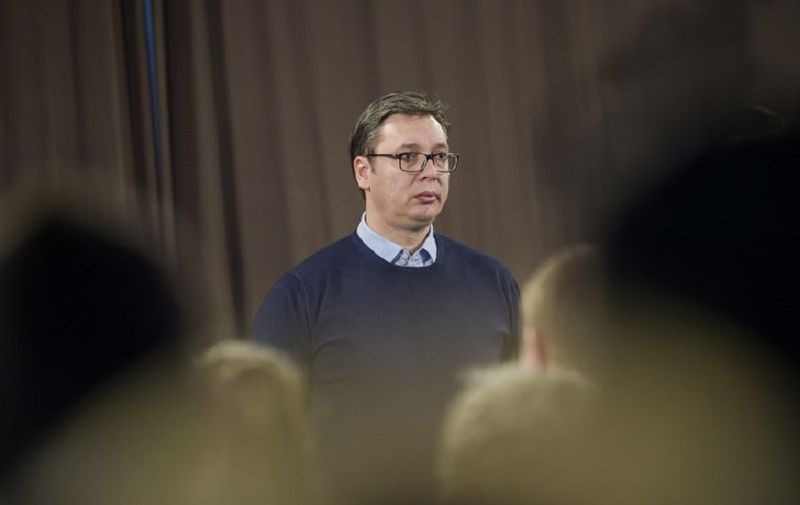 Serbian President Aleksandar Vucic observes a minute of silence for the Kosovo Serb politician Oliver Ivanovic who was killed in a drive-by shooting in Mitrovica few days prior, during a meeting with Kosovo Serbs in the village of Laplje, near the town of Gracanica, on January 20, 2018, during his visit to Kosovo. 
Vucic urged Kosovo Serbs on January 20 to remain calm after the murder of a prominent political leader that sparked fears of renewed tensions in the fragile region. 
 / AFP PHOTO / Armend NIMANI