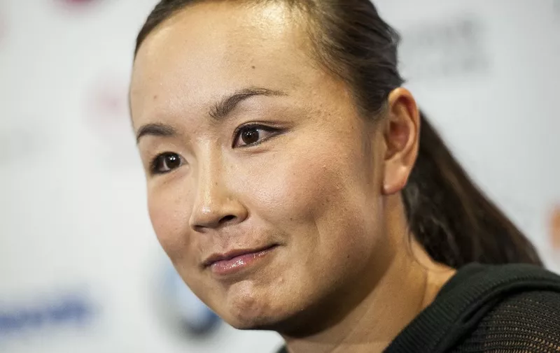 Shuai Peng of China attends a press conference, after her injury during the US Open 2014, at the Hong Kong Open on September 11, 2014. AFP PHOTO / XAUME OLLEROS (Photo by XAUME OLLEROS / AFP)