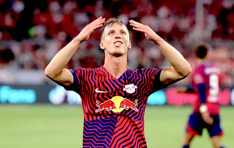 Sport Bilder des Tages Bayern Muenchen - RB Leipzig / Supercup M¸nchen, 12.08.2023, Allianz Arena, Fuﬂball, DFL-Supercup 2023 , FC Bayern Muenchen vs. RB Leipzig , Tor f¸r Leipzig zum 0:3. Im Bild: Torsch¸tze Dani Olmo 7, RB Leipzig , Fotos: PICTURE POINT / Roger Petzsche ,  Nur f¸r journalistische Zwecke. Only for editorial use DFL regulations prohibit any use of photographs as image sequences and/or quasi-video. ,  Verˆffentlichung ist honorarpflichtig, zzgl. MwSt. ,  IBAN: DE46 8609 5604 0307 2390 00 , *** Bayern Muenchen RB Leipzig Supercup Munich, 12 08 2023, Allianz Arena, Football, DFL Supercup 2023 , FC Bayern Muenchen vs RB Leipzig , Goal for Leipzig to 0 3 In the picture scorer Dani Olmo 7, RB Leipzig , Photos PICTURE POINT Roger Petzsche ,  Only for journalistic purposes Only for editorial use DFL regulations prohibit any use of photographs as image sequences and or quasi video ,  Publication is subject to a fee, plus VAT ,  IBAN DE46 8609 5604 0307 2390 00 , Picture Point
