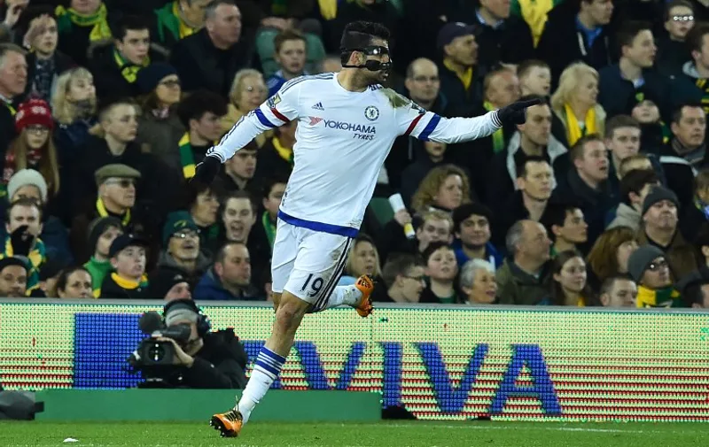 Chelsea's Brazilian-born Spanish striker Diego Costa celebrates scoring their second goal during the English Premier League football match between Norwich City and Chelsea at Carrow Road in Norwich, eastern England, on March 1, 2016.

 / AFP / BEN STANSALL / RESTRICTED TO EDITORIAL USE. No use with unauthorized audio, video, data, fixture lists, club/league logos or 'live' services. Online in-match use limited to 75 images, no video emulation. No use in betting, games or single club/league/player publications.  / RESTRICTED TO EDITORIAL USE. NO USE WITH UNAUTHORIZED AUDIO, VIDEO, DATA, FIXTURE LISTS, CLUB/LEAGUE LOGOS OR 'LIVE' SERVICES. ONLINE IN-MATCH USE LIMITED TO 75 IMAGES, NO VIDEO EMULATION. NO USE IN BETTING, GAMES OR SINGLE CLUB/LEAGUE/PLAYER PUBLICATIONS.