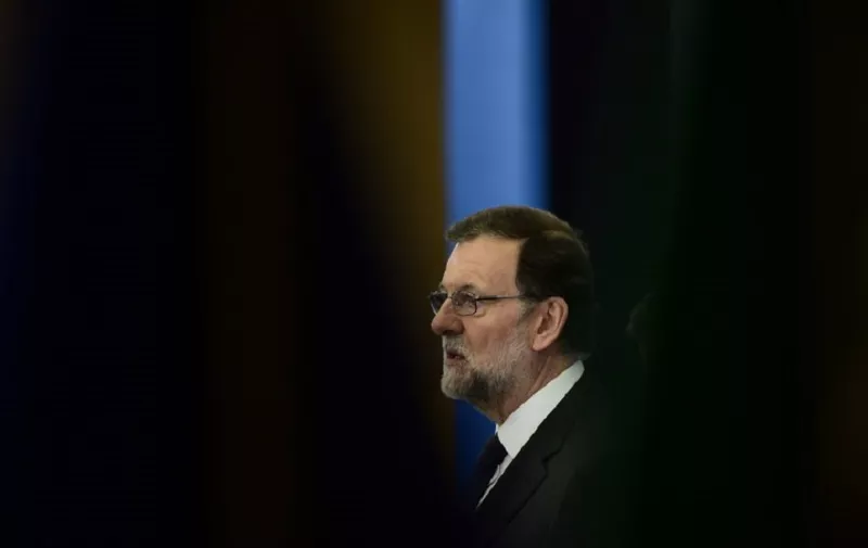 Spanish Prime Minister Mariano Rajoy speaks on April 10, 2017 at the Palacio del Pardo, near the Spanish capital Madrid, during a summit of southern European Union (EU) countries.
Leaders of southern EU nations met in Madrid Monday as they sought to put on a united front after Brexit, and as tensions mount over a suspected chemical attack in Syria.

 / AFP PHOTO / PIERRE-PHILIPPE MARCOU