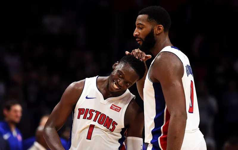 LOS ANGELES, CA - OCTOBER 28: Detroit Pistons Guard Reggie Jackson (1) and Detroit Pistons Center Andre Drummond (0) celebrate the victory during an NBA game between the Detroit Pistons and the Los Angeles Clippers on October 28, 2017 at STAPLES Center in Los Angeles, CA., Image: 354133381, License: Rights-managed, Restrictions: FOR EDITORIAL USE ONLY. Icon Sportswire (A Division of XML Team Solutions) reserves the right to pursue unauthorized users of this image. If you violate our intellectual property you may be liable for: actual damages, loss of income, and profits you derive from the use of this image, and, where appropriate, the costs of collection and/or statutory damages up to $150,000 (USD)., Model Release: no, Credit line: Profimedia, Newscom