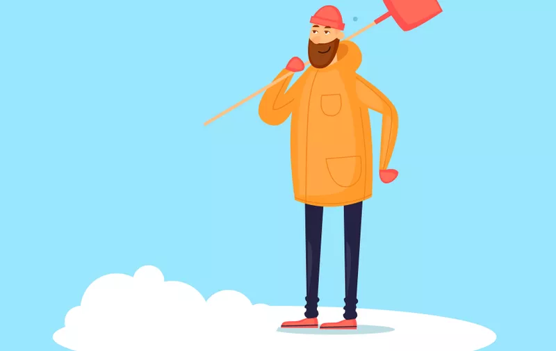 Man cleans the snow. Winter. Flat design vector illustration.