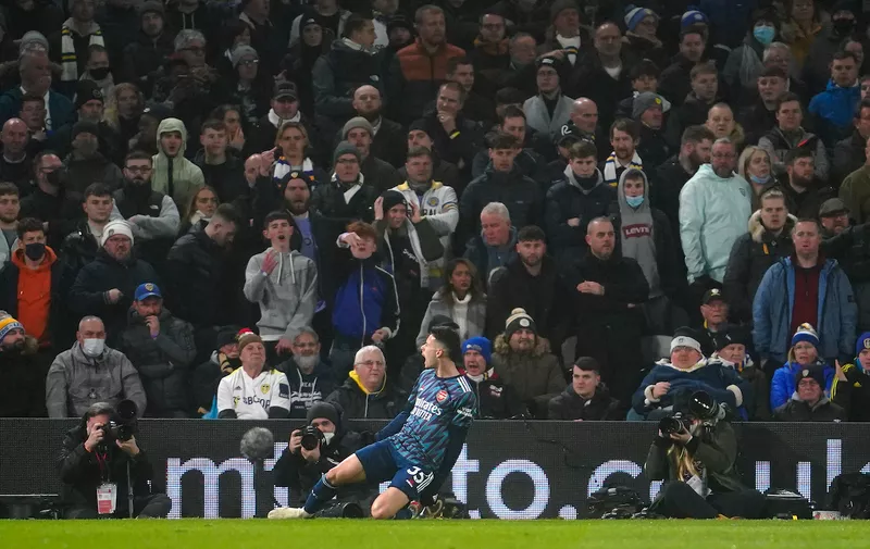 Arsenal’s Gabriel Martinelli celebrates after scoring the opening goal during the English Premier League soccer match between Leeds United and Arsenal at Elland Road in Leeds, England, Saturday, Dec. 18, 2021. (AP Photo/Jon Super)