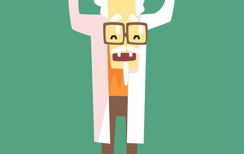 Funny Scientist In Lab Coat With A Goatee. Character Drawing On Green Background In Cool Geometric Style