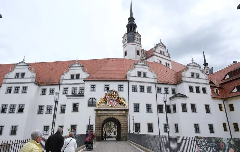 12 April 2023, Saxony, Torgau: The entrance to Hartenfels Castle. Photo: Sebastian Willnow/dpa (Photo by SEBASTIAN WILLNOW / DPA / dpa Picture-Alliance via AFP)