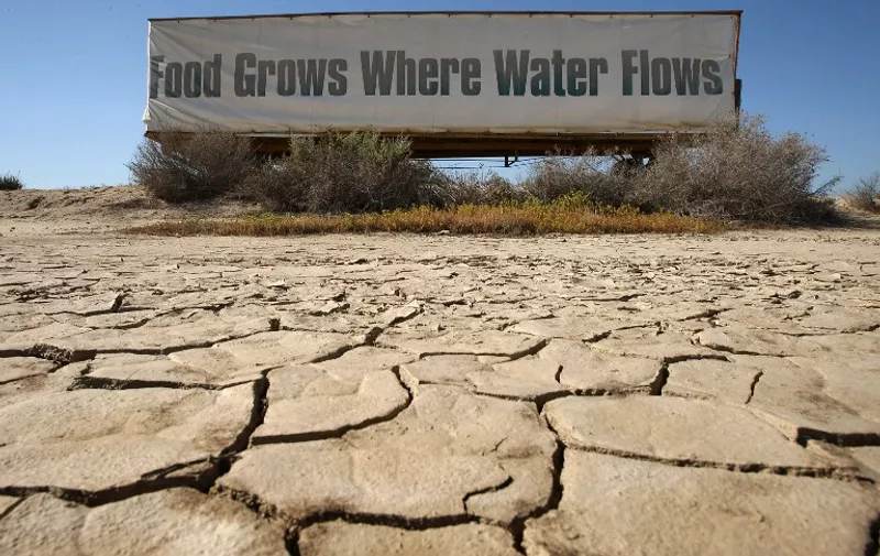 BUTTONWILLOW, CA - APRIL 16: A sign on a farm trailer reading "Food grows where water flows," hangs over dry, cracked mud at the edge of a farm April 16, 2009 near Buttonwillow, California. Central Valley farmers and farm workers are suffering through the third year of the worsening California drought with extreme water shortages and job losses. The office of California Gov. Arnold Schwarzenegger predicts Central Valley farm losses of $325 million to $477 million and total losses for crop production and related business to be between $440 and $644 million. Central Valley is expected to lose 16,200 to 23,700 full-time jobs and food prices are expected to rise nationwide.   David McNew/Getty Images/AFP