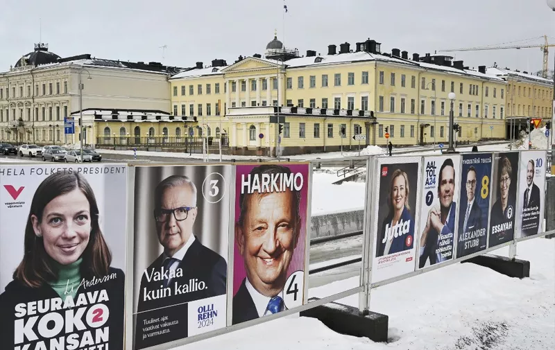 Posters of the Finnish presidential candidates are on diplay near the Presidential Palace in Helsinki, Finland, on January 10, 2024 ahead of the first round of the Finnish presidential election taking place on January 28, 2024. (Photo by Markku Ulander / Lehtikuva / AFP) / Finland OUT