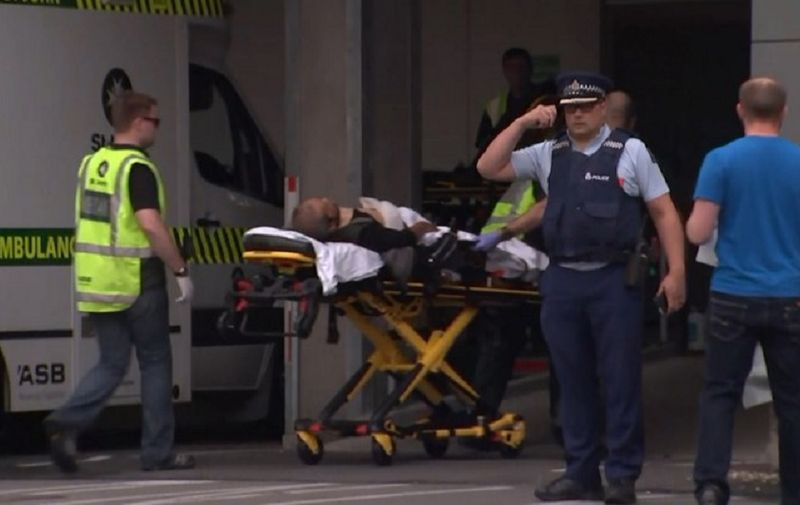 An image grab from TV New Zealand taken on March 15, 2019 shows a victim arriving at a hospital following the mosque shooting in Christchurch. - At least one gunman who targeted crowded mosques in the New Zealand city of Christchurch killed a number of people, police said, with Prime Minister Jacinda Ardern describing the shooting as "one of New Zealand's darkest days". (Photo by TV New Zealand / TV New Zealand / AFP) / New Zealand OUT / XGTY----EDITORS NOTE ----RESTRICTED TO EDITORIAL USE MANDATORY CREDIT " AFP PHOTO / TV New Zealand / NO MARKETING NO ADVERTISING CAMPAIGNS - DISTRIBUTED AS A SERVICE TO CLIENTS- NO ARCHIVE