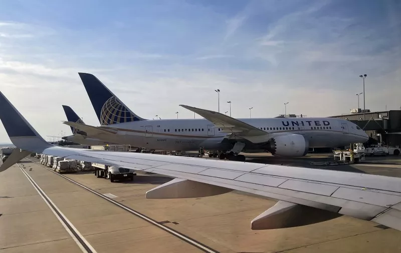 A United Airlines Boeing 787-8 Dreamliner seen at gate at Dulles Washington International airport (IAD) in Dulles, Virginia on March 12, 2021. (Photo by Daniel SLIM / AFP)