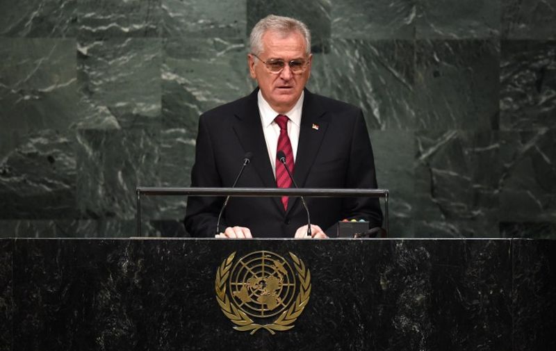 Tomislav Nikolic, President of the Republic of Serbia, speaks to the United Nations Sustainable Development Summit at the United Nations General Assembly in New York on September 27, 2015. AFP PHOTO / TIMOTHY A. CLARY