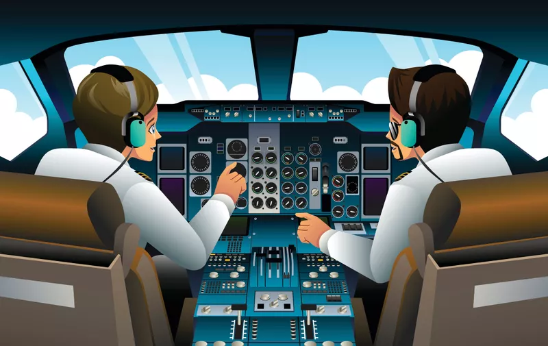 A vector illustration of pilot and copilot inside the cockpit
