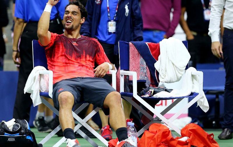NEW YORK, NY - SEPTEMBER 04: Fabio Fognini of Italy celebrates his match win over Rafael Nadal of Spain on Day Five of the 2015 US Open at the USTA Billie Jean King National Tennis Center on September 4, 2015 in the Flushing neighborhood of the Queens borough of New York City.   Elsa/Getty Images/AFP