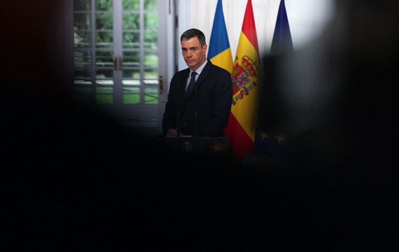 Spains Prime Minister Pedro Sanchez looks on during a joint press conference with his Swedish counterpart at La Moncloa palace in Madrid on June 5, 2023. (Photo by PIERRE-PHILIPPE MARCOU / AFP)