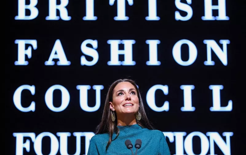Britain's Catherine, Duchess of Cambridge announces the winner of "The Queen Elizabeth II Award for British Design" during the prize ceremony at the Londons Design Museum, on May 4, 2022. (Photo by HANNAH MCKAY / POOL / AFP)