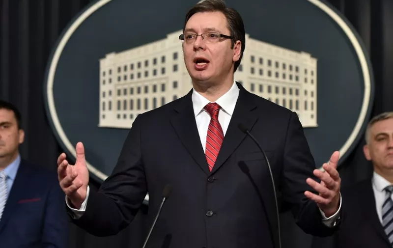 Serbian Prime Minister Aleksandar Vucic addresses a press conference in Belgrade on February 20, 2016, after a US strike on an Islamic State jihadist camp in Libya killed two Serbian embassy employees, who were kidnapped in the area in November. 
Embassy communications chief Sladjana Stankovic and her driver Jovica Stepic were kidnapped on November 8 in the coastal city of Sabratha, 70 kms (42 miles) west of Tripoli, from a convoy of cars heading to the Tunisian border. The US strike, which targeted a jihadist training camp near Sabratha, killed dozens of people, probably including Noureddine Chouchane, a senior IS group operative behind attacks in Tunisia, US officials said on February 19. / AFP / ANDREJ ISAKOVIC