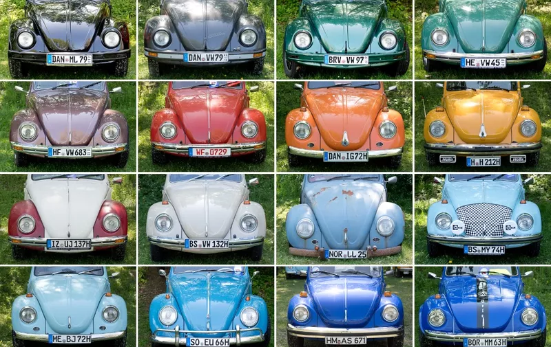 (COMBO) This combination of pictures taken on May 1, 2019 shows vintage Volkswagen (VW) beetle cars on display at the 36th "Maikaefertreffen" (May Beetle Meeting) in Hanover, northern Germany. (Photo by Julian Stratenschulte / dpa / AFP) / Germany OUT