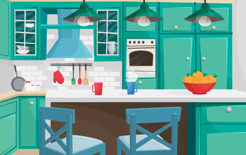 Vector cartoon volumetric illustration of cozy vintage retro kitchen interior
