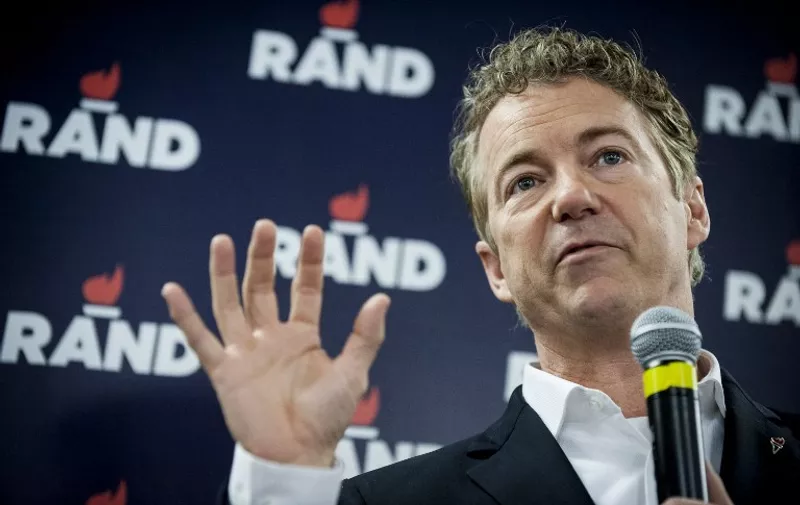 DES MOINES, IA - FEBRUARY 1: Senator Rand Paul (R-TX) speaks during a caucus day rally at his Des Moines headquarters on February 1, 2016 in Des Moines, Iowa. The Presidential hopeful was accompanied by his wife, Kelly, mother, Carol Wells and his father, former Congressman Ron Paul. Pauls were there to thank all the staff and volunteers for all their hard work in Iowa.   Pete Marovich/Getty Images/AFP
