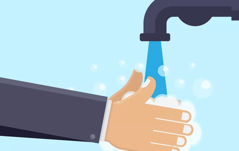 Washing hands, faucets, hands and soaps with blue background flat design vector illustration