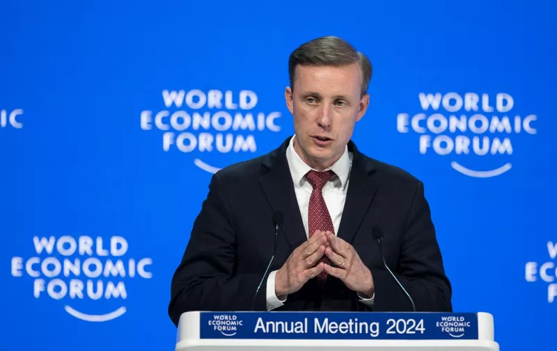 US National Security Advisor Jake Sullivan addresses the assembly at the World Economic Forum (WEF) annual meeting in Davos, on January 16, 2024. (Photo by Fabrice COFFRINI / AFP)