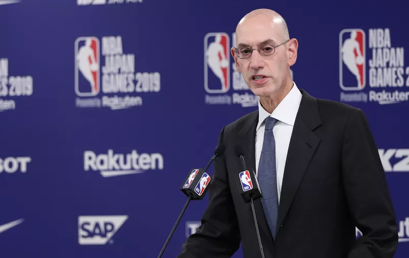 SAITAMA, JAPAN - OCTOBER 08: Commissioner of the National Basketball Association (NBA) Adam Silver speaks during a press conference prior to the preseason game between Houston Rockets and Toronto Raptors at Saitama Super Arena on October 08, 2019 in Saitama, Japan. NOTE TO USER: User expressly acknowledges and agrees that, by downloading and or using this photograph, User is consenting to the terms and conditions of the Getty Images License Agreement. (Photo by Takashi Aoyama/Getty Images)