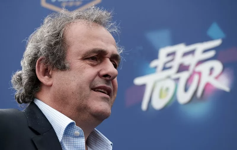 UEFA president Michel Platini looks on during the launch of the road show for the Euro 2016 football championships  in Joeuf, eastern France, on May 16, 2015. The Euro 2016 event will feature 24 countries for the first time, up from 16 in 2012, and France becomes the first country to stage the European Championship three times.  