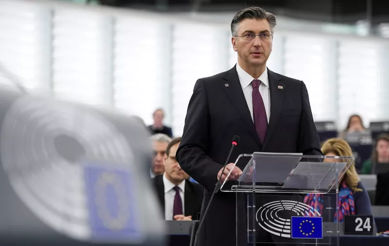 Croatia's Prime Minister Andrej Plenkovic gives a speech during the presentation of the priorities of the rotating Presidency of the Council for the next six months at the European Parliament on January 14, 2020 in Strasbourg, eastern France. (Photo by FREDERICK FLORIN / AFP)