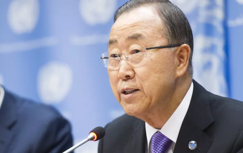 UN Secretary General Ban Ki-moon addresses the media durig apress conference September 16, 2015 at the UN in New York. Ban on Wednesday took aim at Russia's military buildup in Syria and called on big powers to unite behind efforts to end the four-year war. Ban spoke ahead of the annual UN gathering of world leaders to be attended for the first time in 10 years by Russian President Vladimir Putin, a key ally of Syrian leader Bashar al-Assad.== RESTRICTED TO EDITORIAL USE / MANDATORY CREDIT: "AFP PHOTO / HANDOUT / UNITED NATIONS / MARK GARTEN "/ NO MARKETING / NO ADVERTISING CAMPAIGNS / DISTRIBUTED AS A SERVICE TO CLIENTS ==